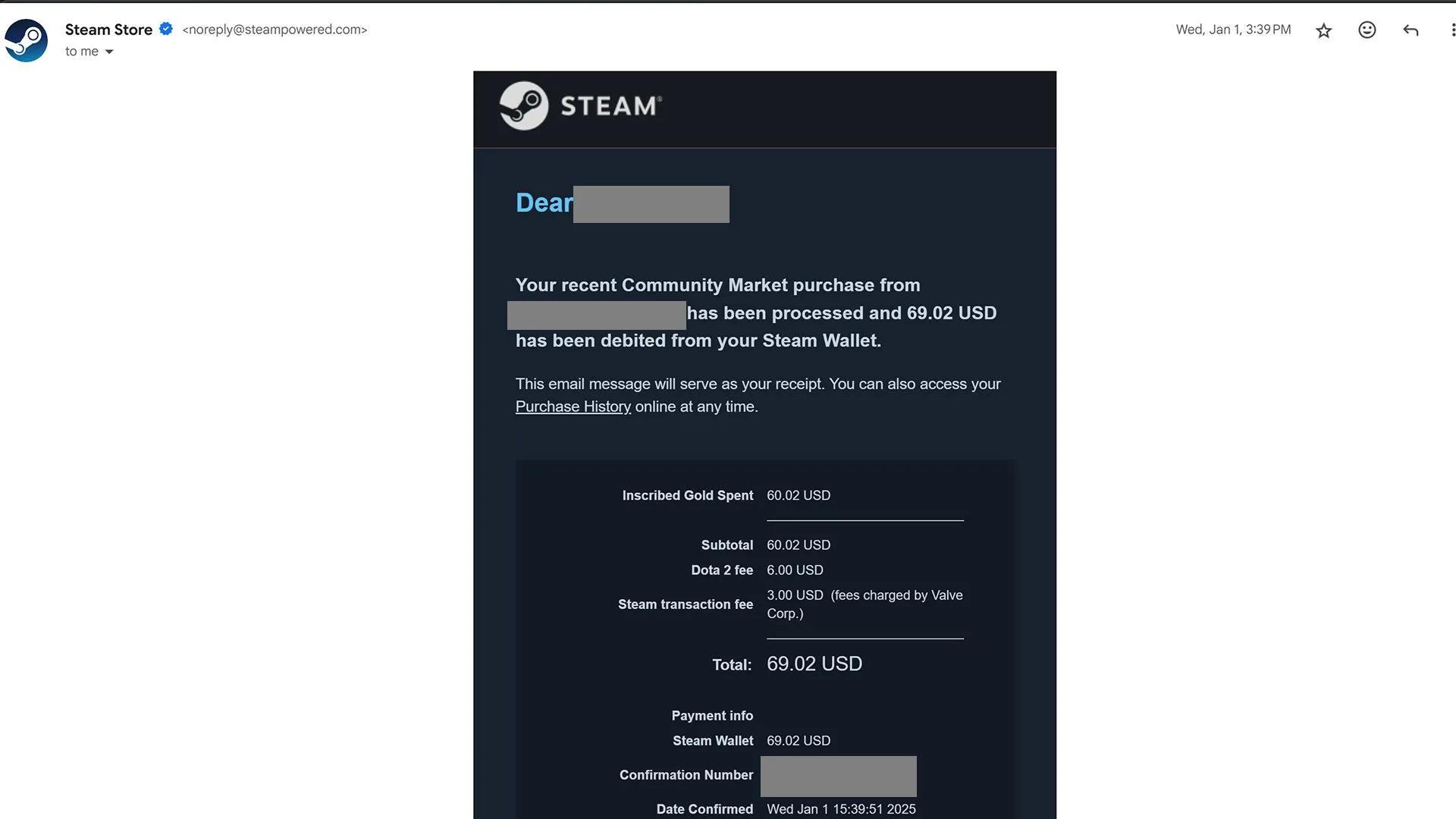 Biên lai giao dịch trên Steam Community Market cho thấy thông tin người dùng và kẻ lừa đảo