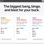 Biểu đồ so sánh các gói dịch vụ Apple One bao gồm Premier, Family và Individual cùng các tiện ích đi kèm