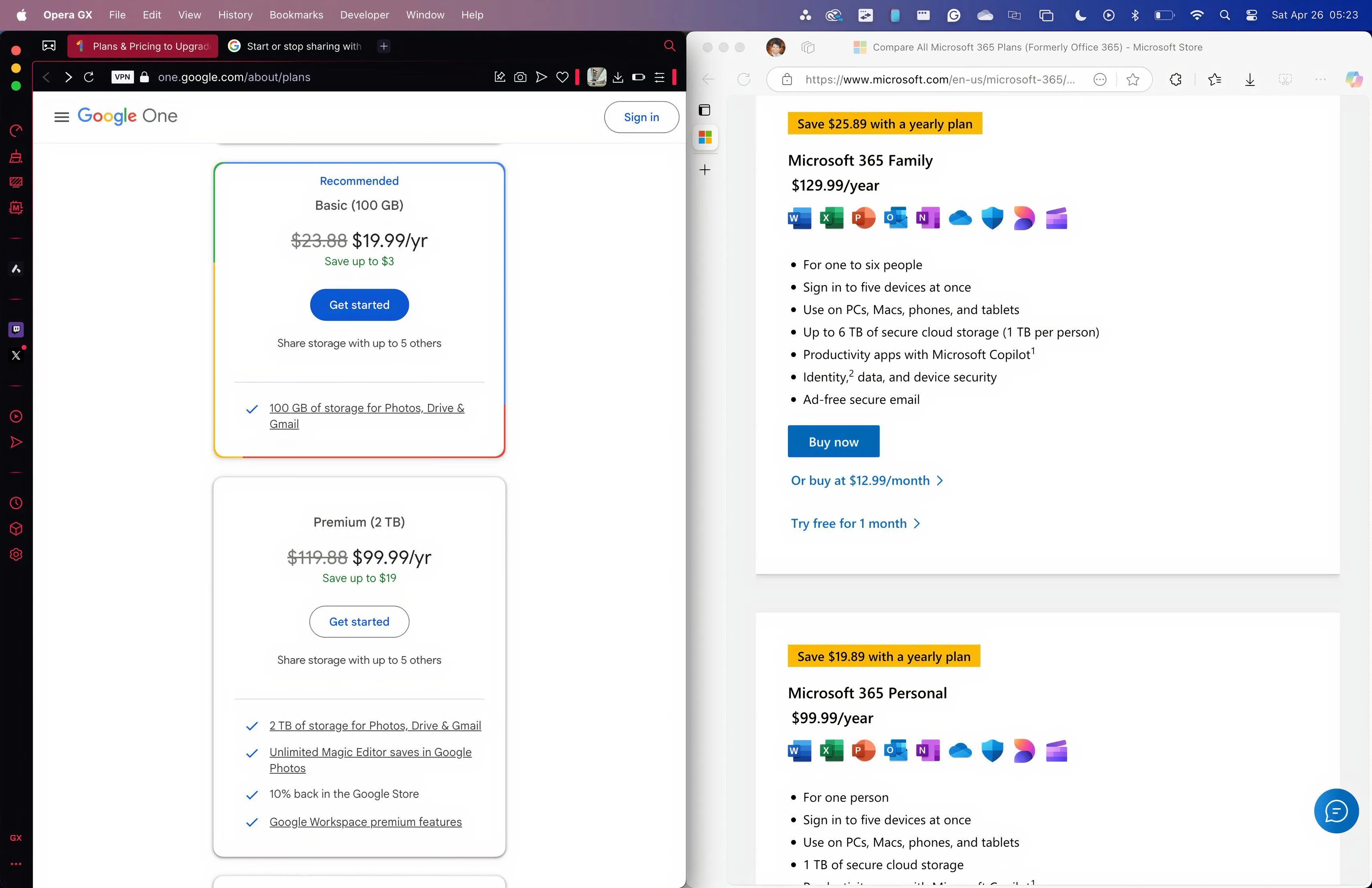 Biểu đồ so sánh chi tiết các gói đăng ký Google One và Microsoft 365 về dung lượng và chi phí hàng năm