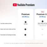 Biểu đồ so sánh chi tiết tính năng và mức giá các gói YouTube Premium Lite và YouTube Premium