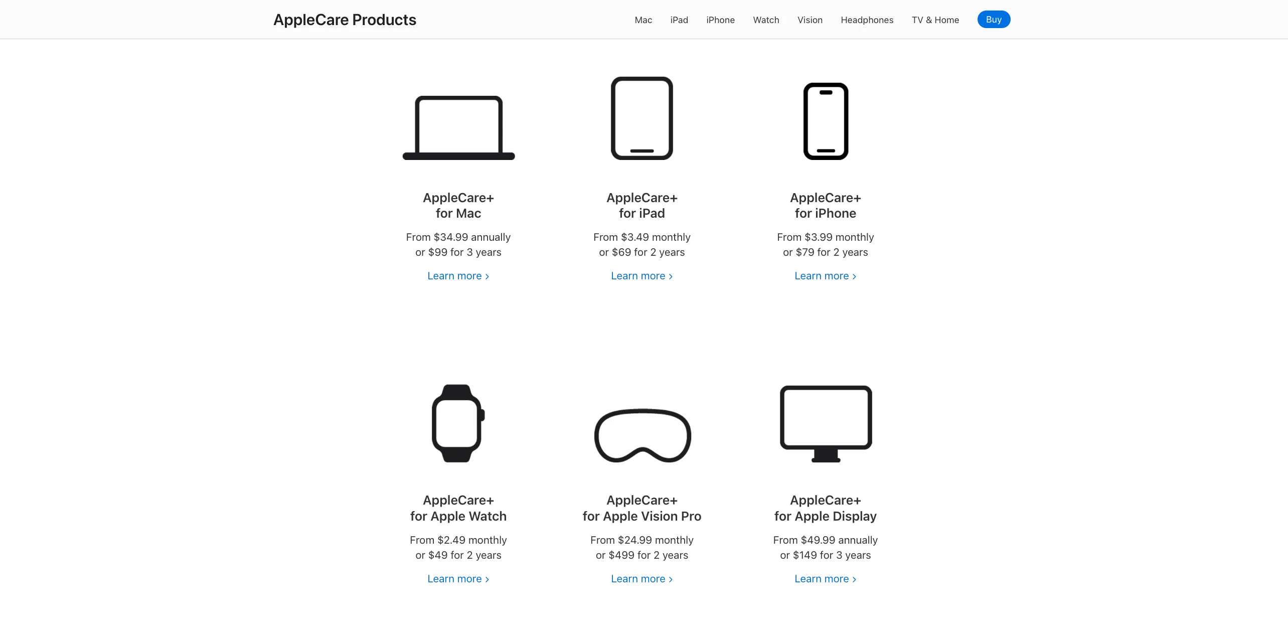 Biểu đồ so sánh giá và các loại gói AppleCare+ cho nhiều thiết bị Apple khác nhau như iPhone, Mac và Apple Watch