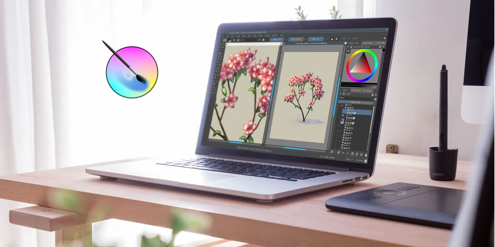 Biểu tượng các phần mềm miễn phí Krita và GIMP, các lựa chọn thay thế mạnh mẽ cho Adobe Photoshop và Lightroom.