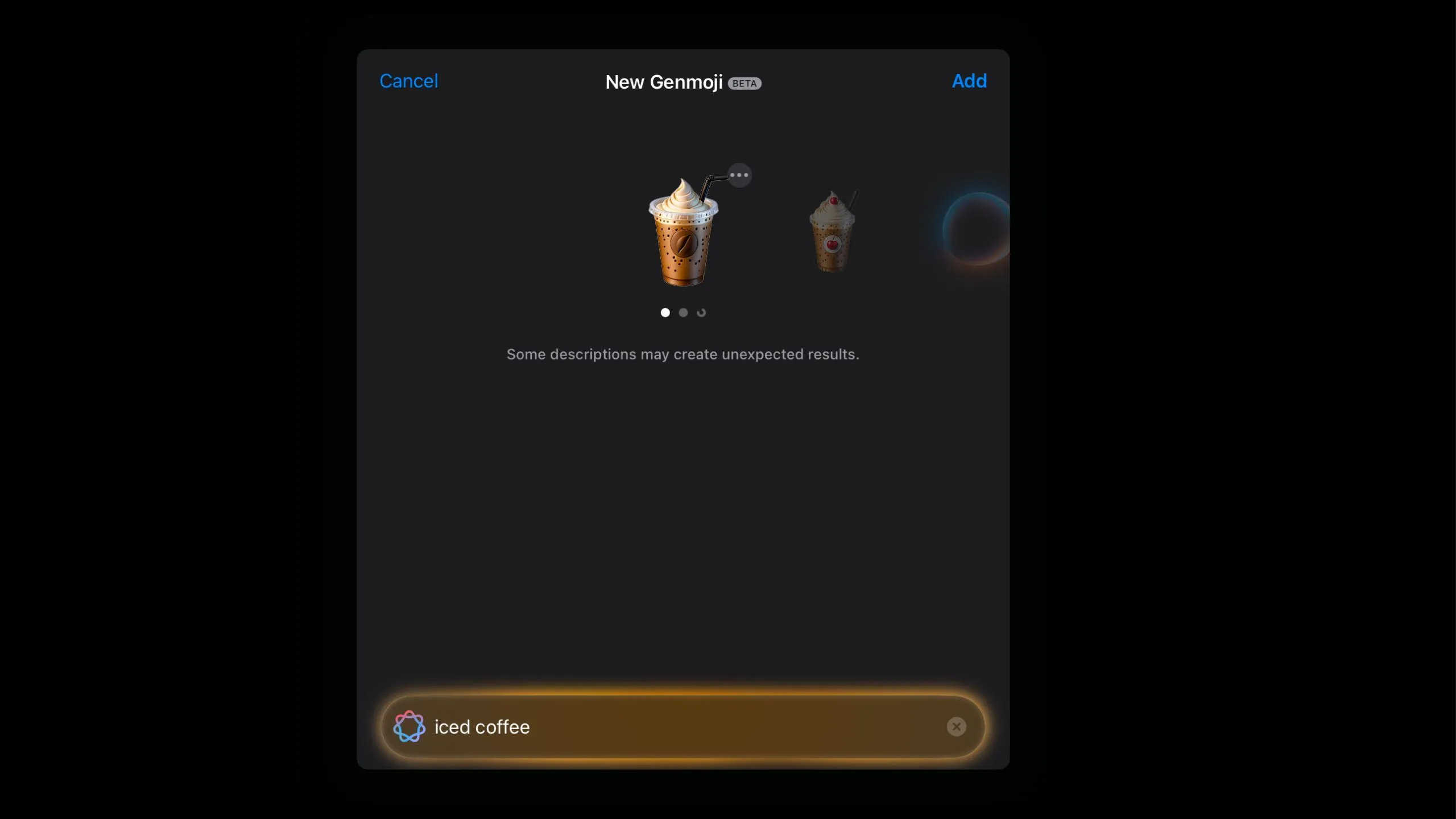 Biểu tượng cảm xúc ly cà phê đá được tạo bằng Genmoji với mô tả "iced coffee"