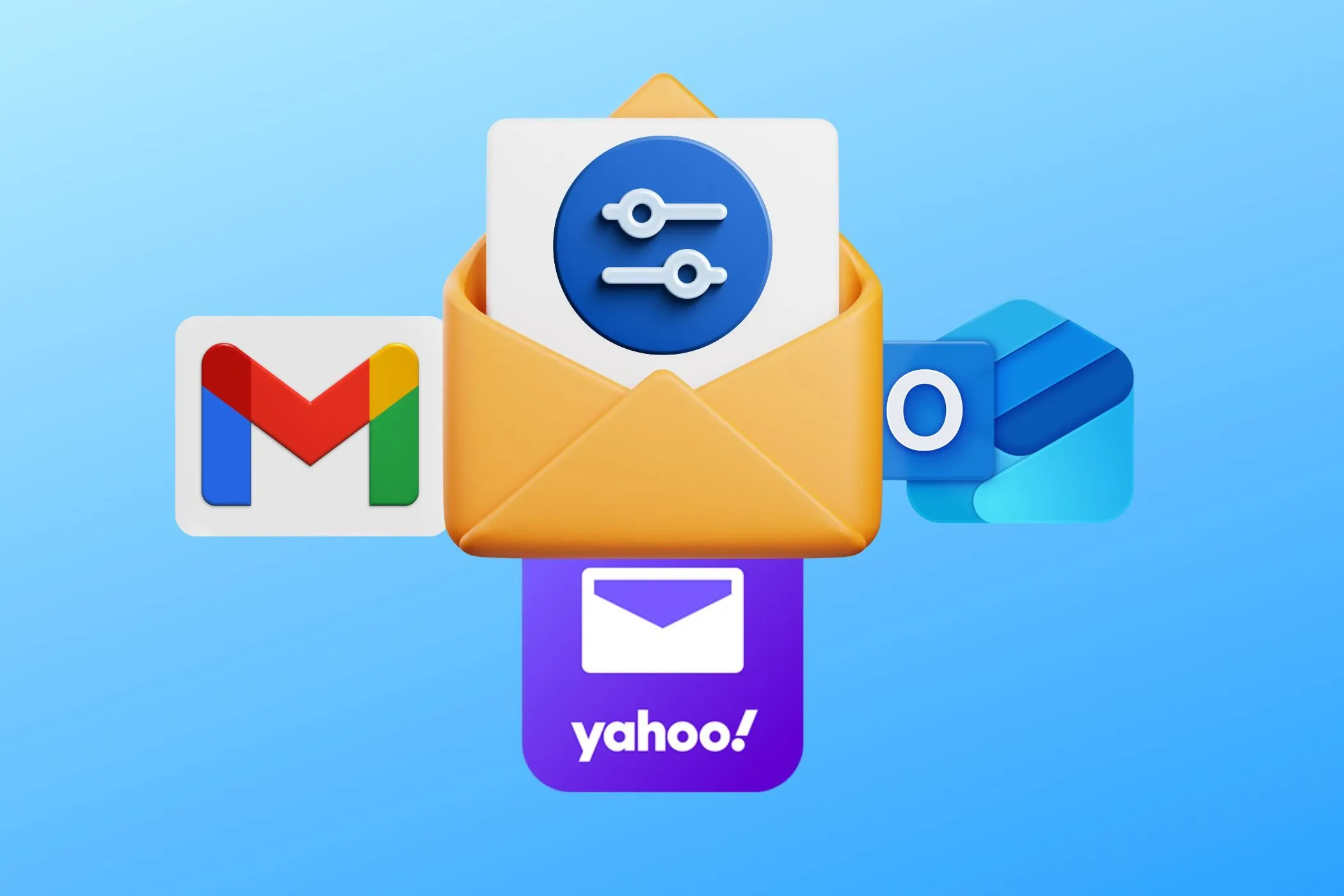 Biểu tượng email với bộ lọc, đại diện cho việc quản lý nhiều tài khoản Gmail, Yahoo Mail và Outlook để mua sắm ẩn danh
