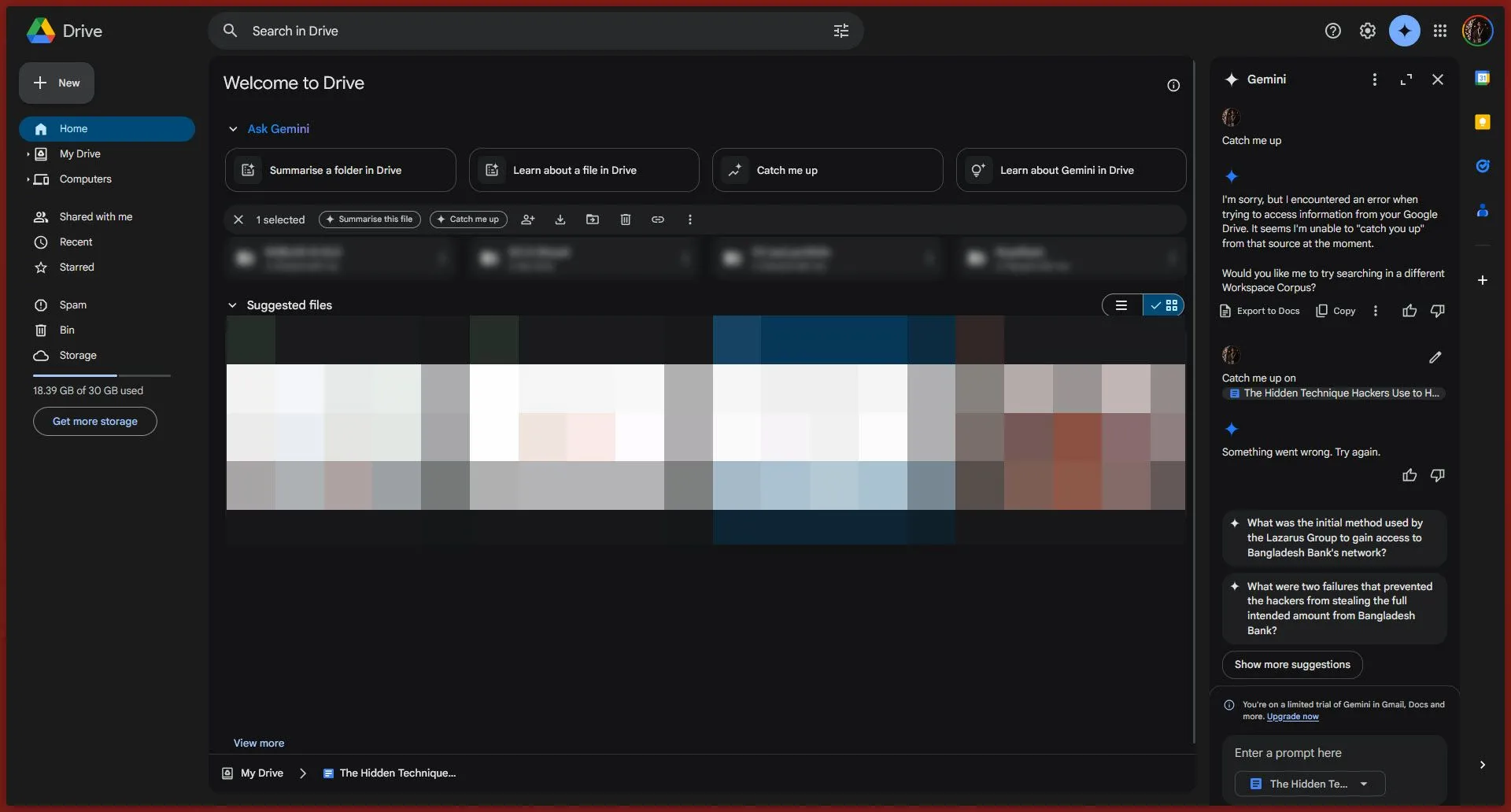 Biểu tượng Gemini và nút "Catch me up" trên giao diện Google Drive để tóm tắt thay đổi tệp