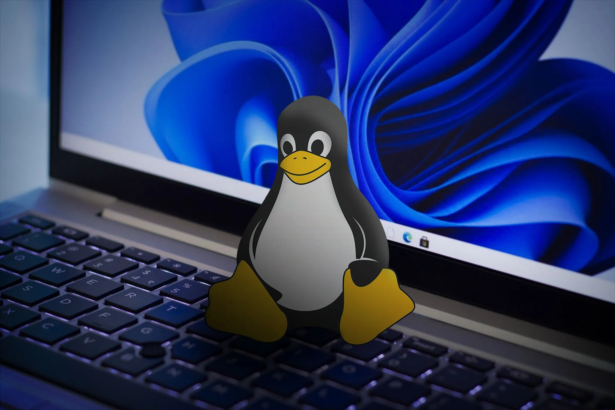 Biểu tượng Linux trên bàn phím laptop, màn hình hiển thị hình nền Windows 11, gợi ý về lựa chọn hệ điều hành nhẹ hơn như Linux