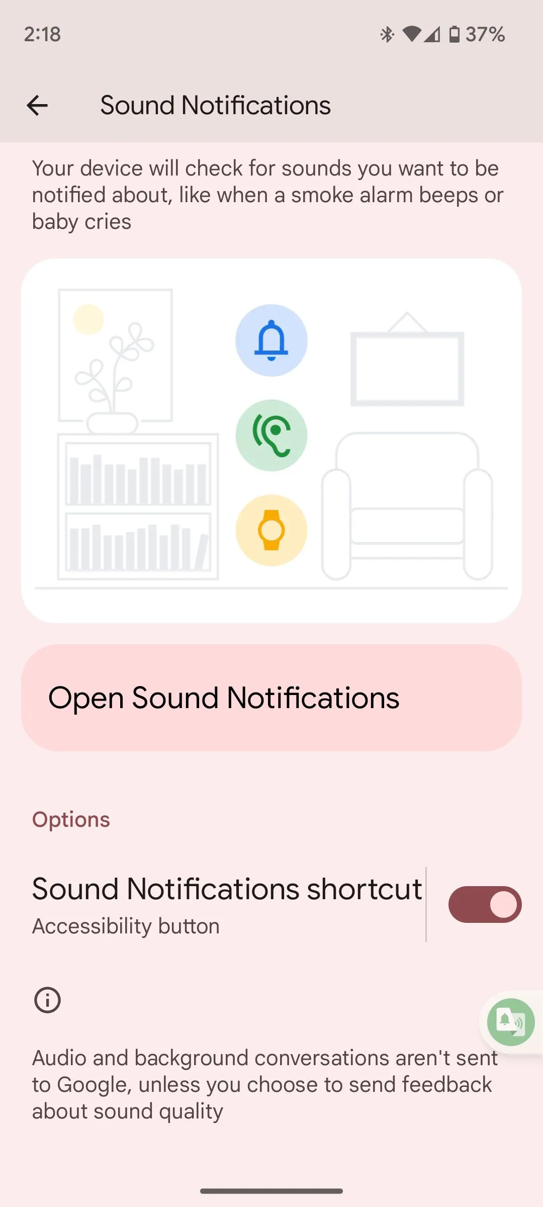 Biểu tượng nút bật/tắt tính năng &quot;Thông báo âm thanh&quot; (Sound Notifications) trong cài đặt trợ năng của điện thoại Android.