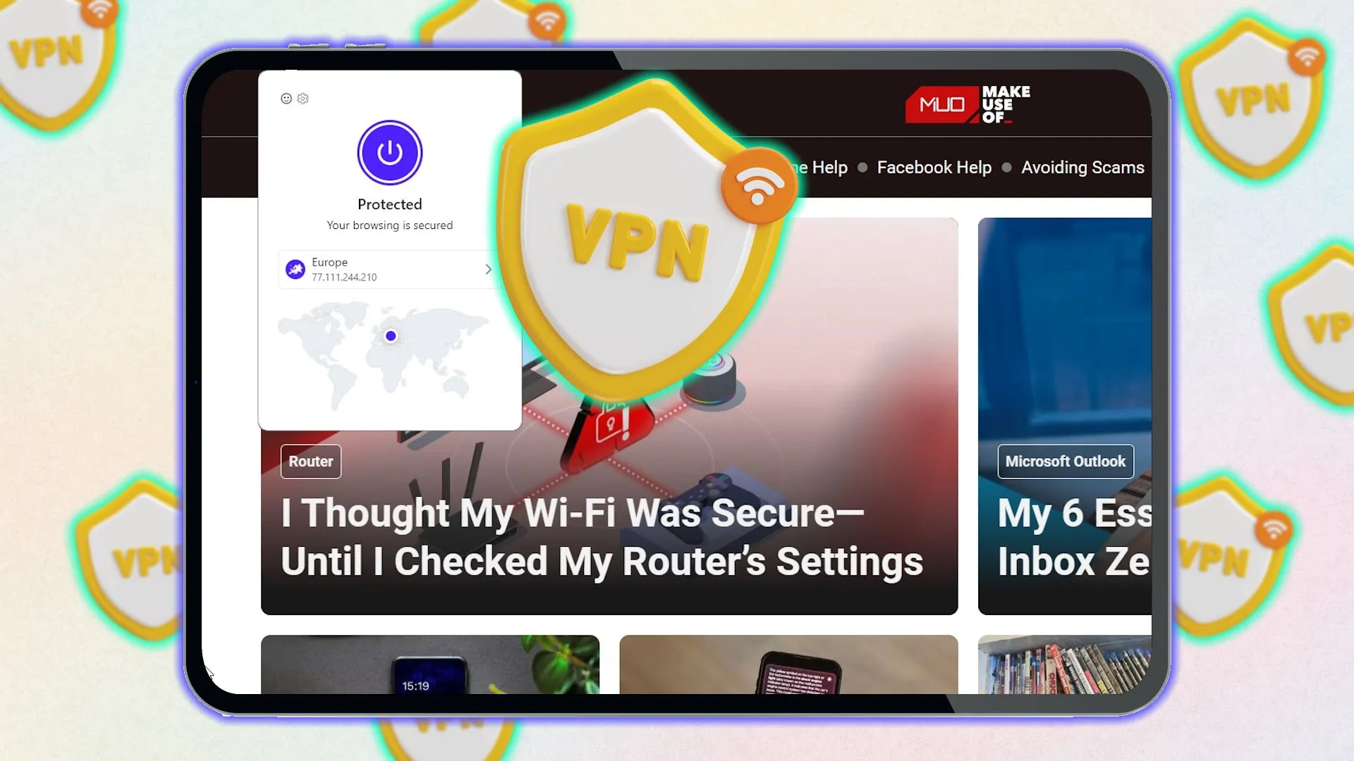 Biểu tượng VPN trên màn hình máy tính bảng trong bối cảnh trình duyệt Vivaldi, tượng trưng cho tính năng bảo mật tích hợp.