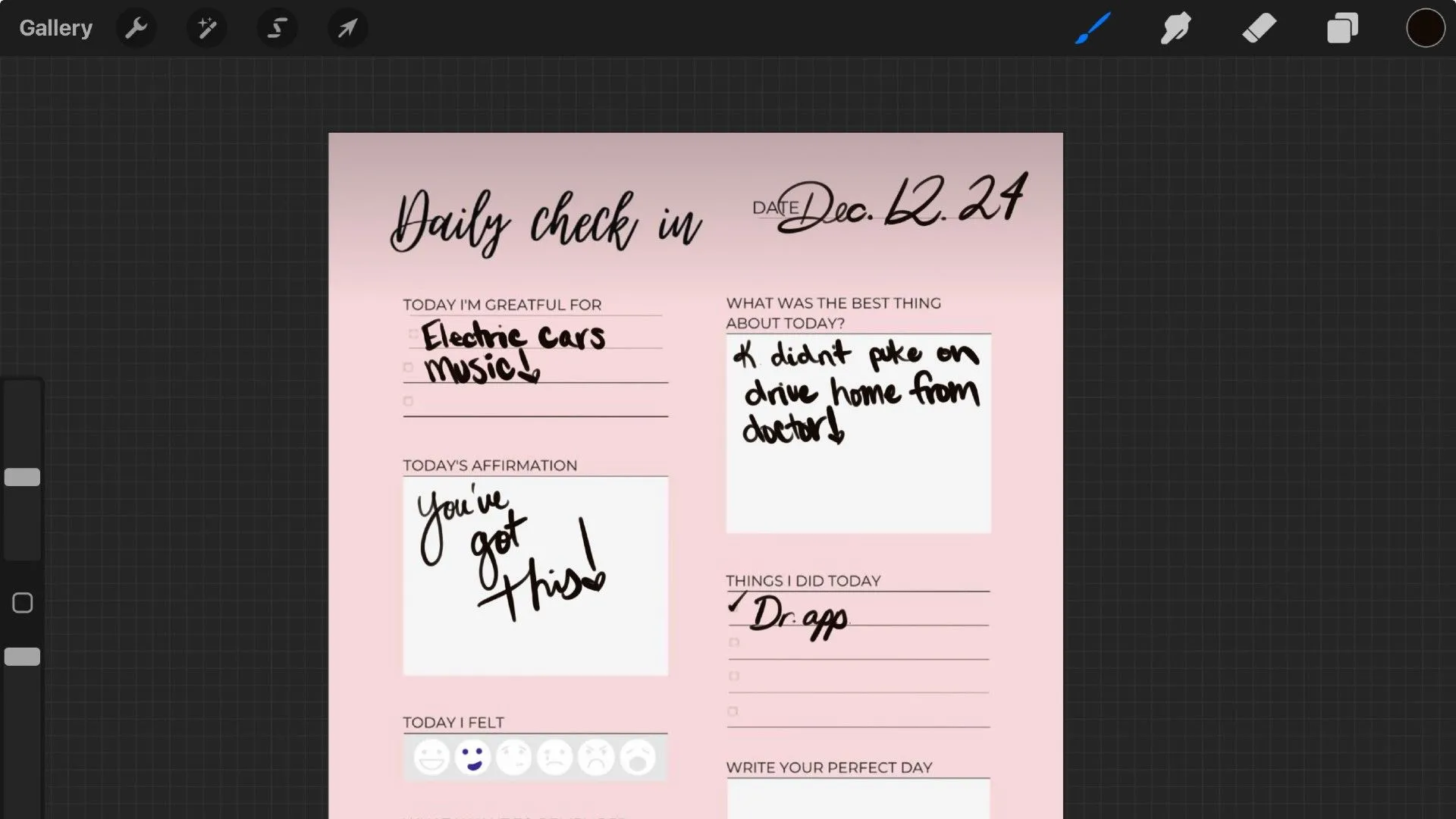 Bố cục nhật ký kỹ thuật số với chữ viết tay trên ứng dụng Procreate