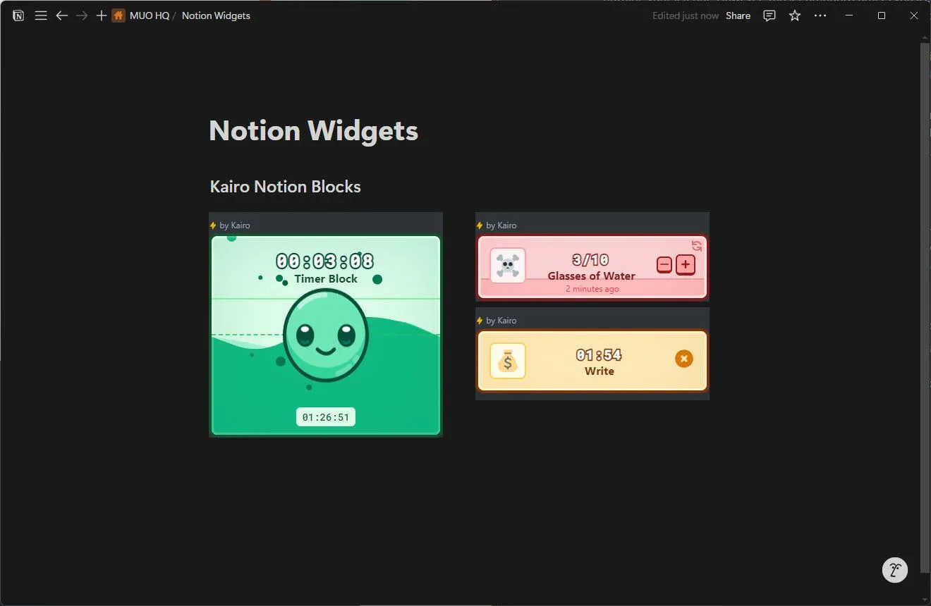 Bộ khối tiện ích Kairo Notion Blocks với các tùy chọn tùy chỉnh hiển thị trong Notion