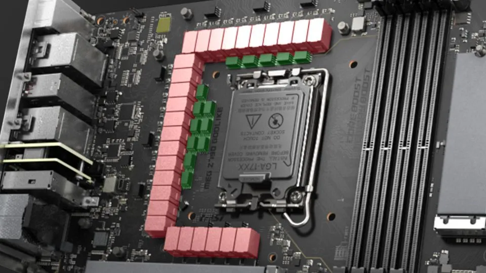 Bo mạch chủ MSI MEG Z790 với các mô-đun VRM được đánh dấu màu đỏ, minh họa tầm quan trọng của VRM và tản nhiệt chất lượng cao trên mainboard