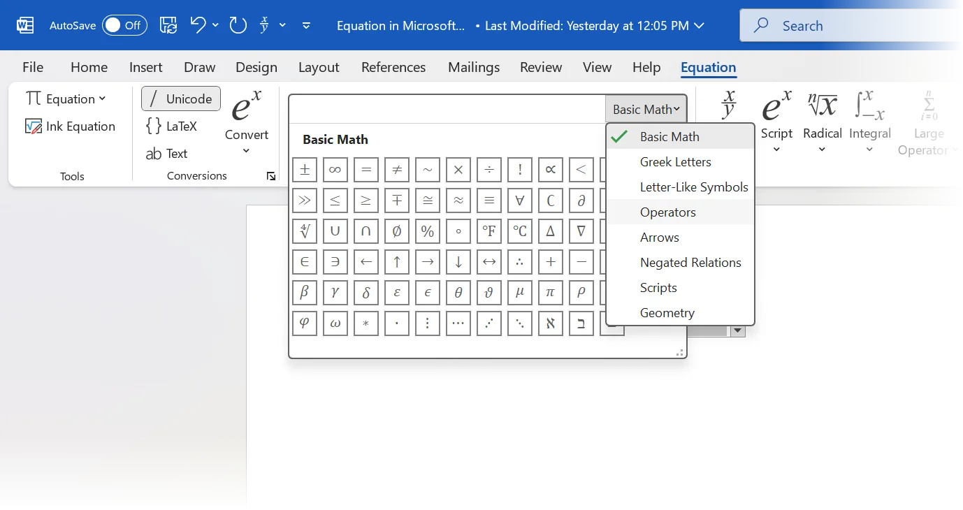 Bộ sưu tập ký hiệu toán học trong Equation Editor của Word