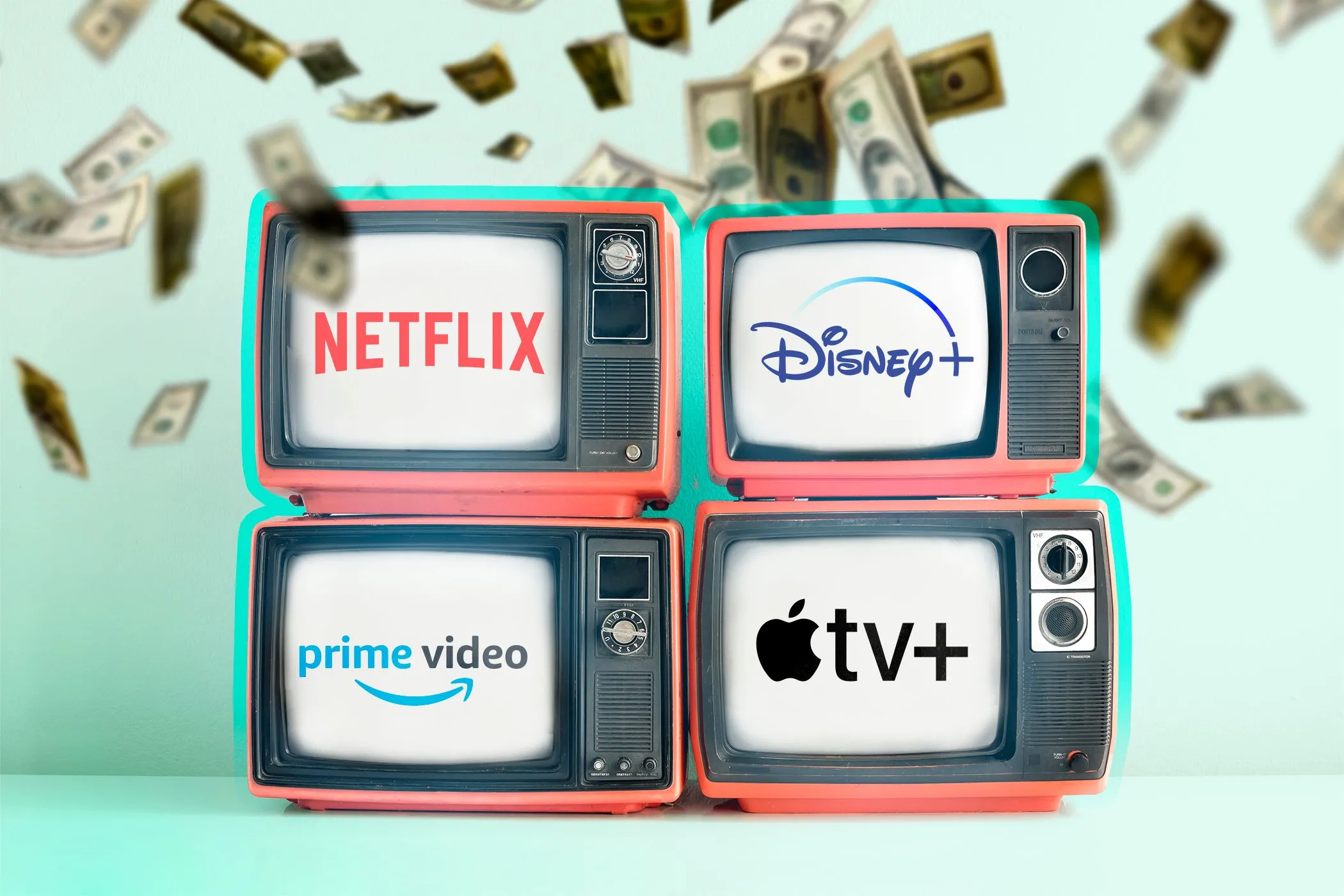 Bốn màn hình TV hiển thị logo dịch vụ streaming và tiền đô rơi xuống, minh họa cách Smart TV kiếm tiền từ dữ liệu