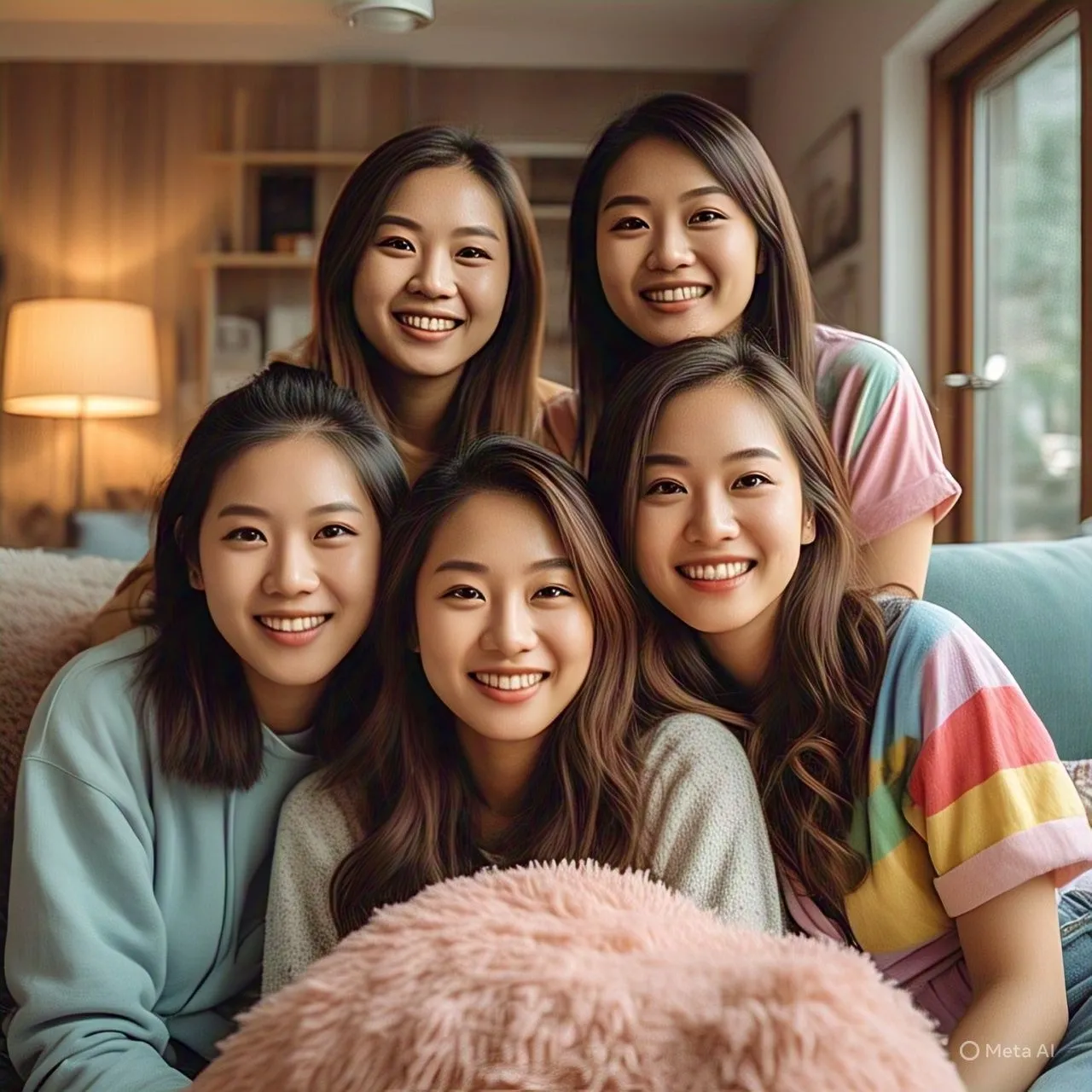 Bốn phụ nữ trẻ cười trước ống kính với làn da quá mịn màng, thiếu kết cấu tự nhiên, trông như nhựa.