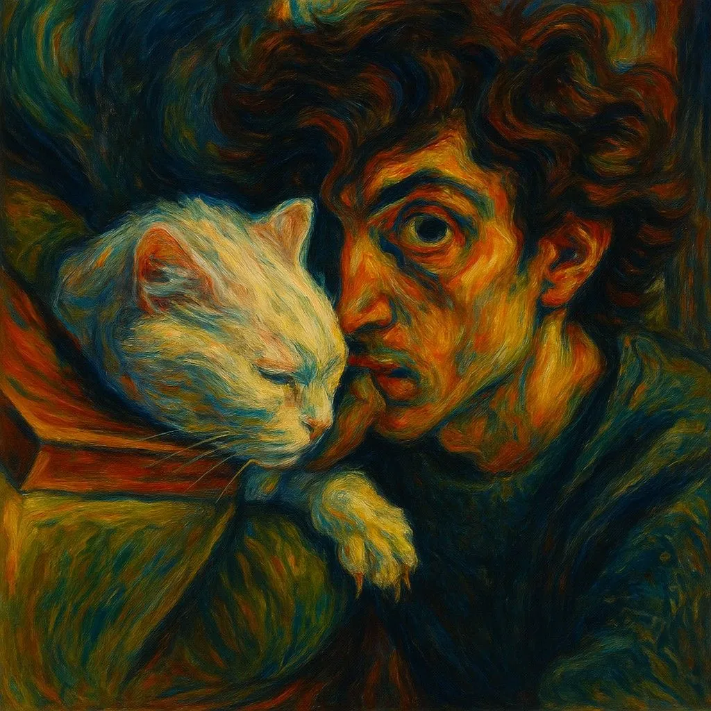 Bức tranh phong cách Expressionism thể hiện người đàn ông và mèo trắng
