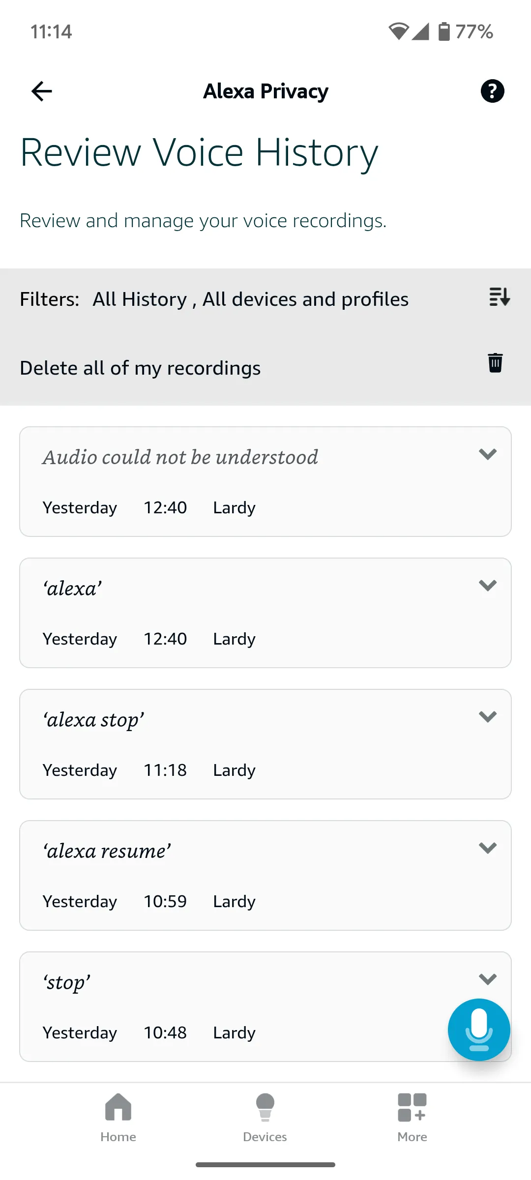 Các bản ghi giọng nói của bạn trên ứng dụng Alexa