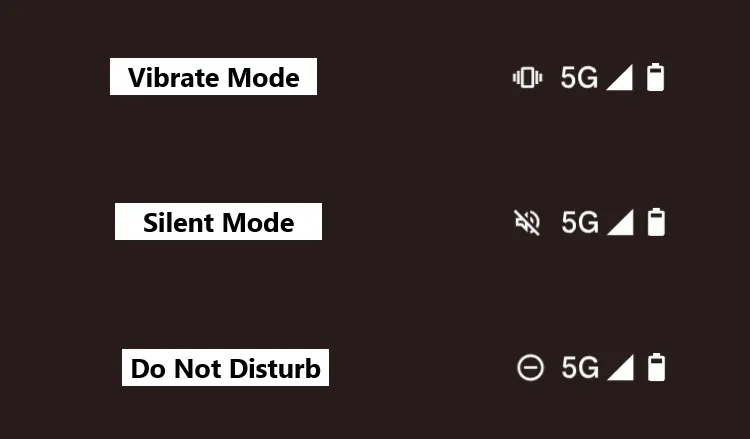 Các biểu tượng chế độ điện thoại trên thanh trạng thái Android, bao gồm chế độ rung, chế độ im lặng và chế độ Không làm phiền.