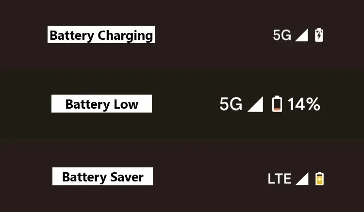 Các biểu tượng pin và sạc trên thanh trạng thái Android, hiển thị trạng thái pin đầy, đang sạc, tiết kiệm pin và pin yếu.
