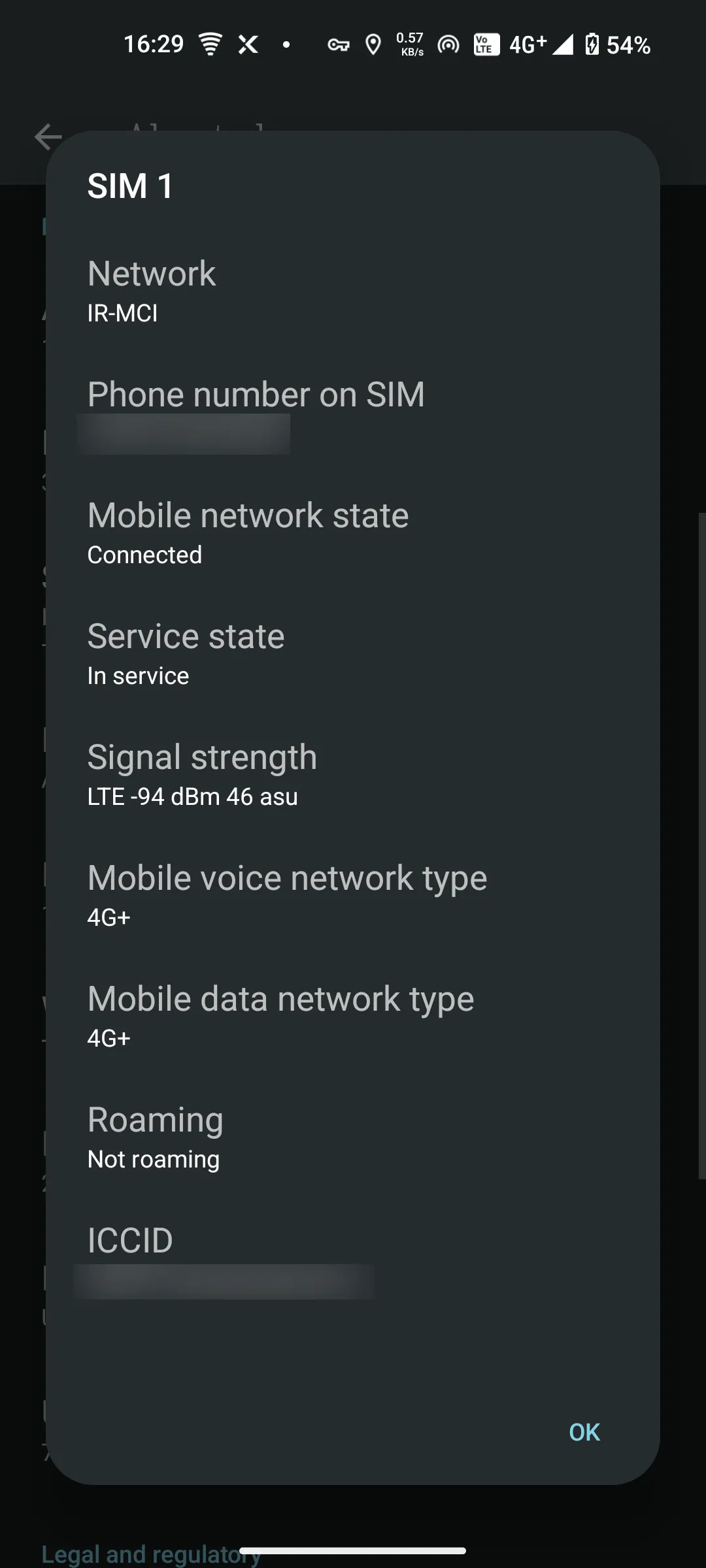Các chỉ số đo lường tín hiệu sóng di động hiển thị trên màn hình chi tiết SIM của Nothing Phone