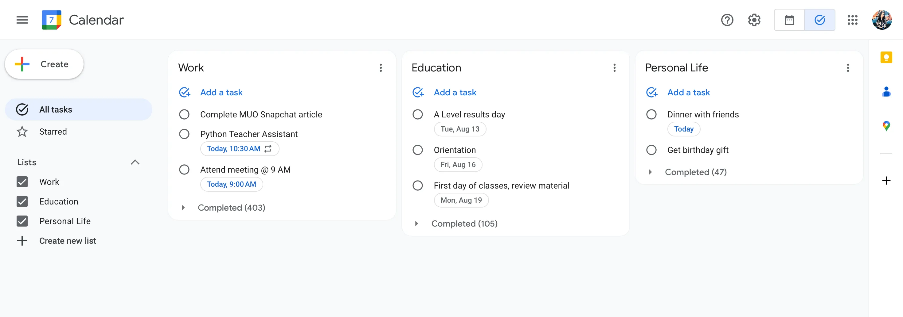 Các danh sách công việc khác nhau được hiển thị trực quan trong giao diện Google Tasks.