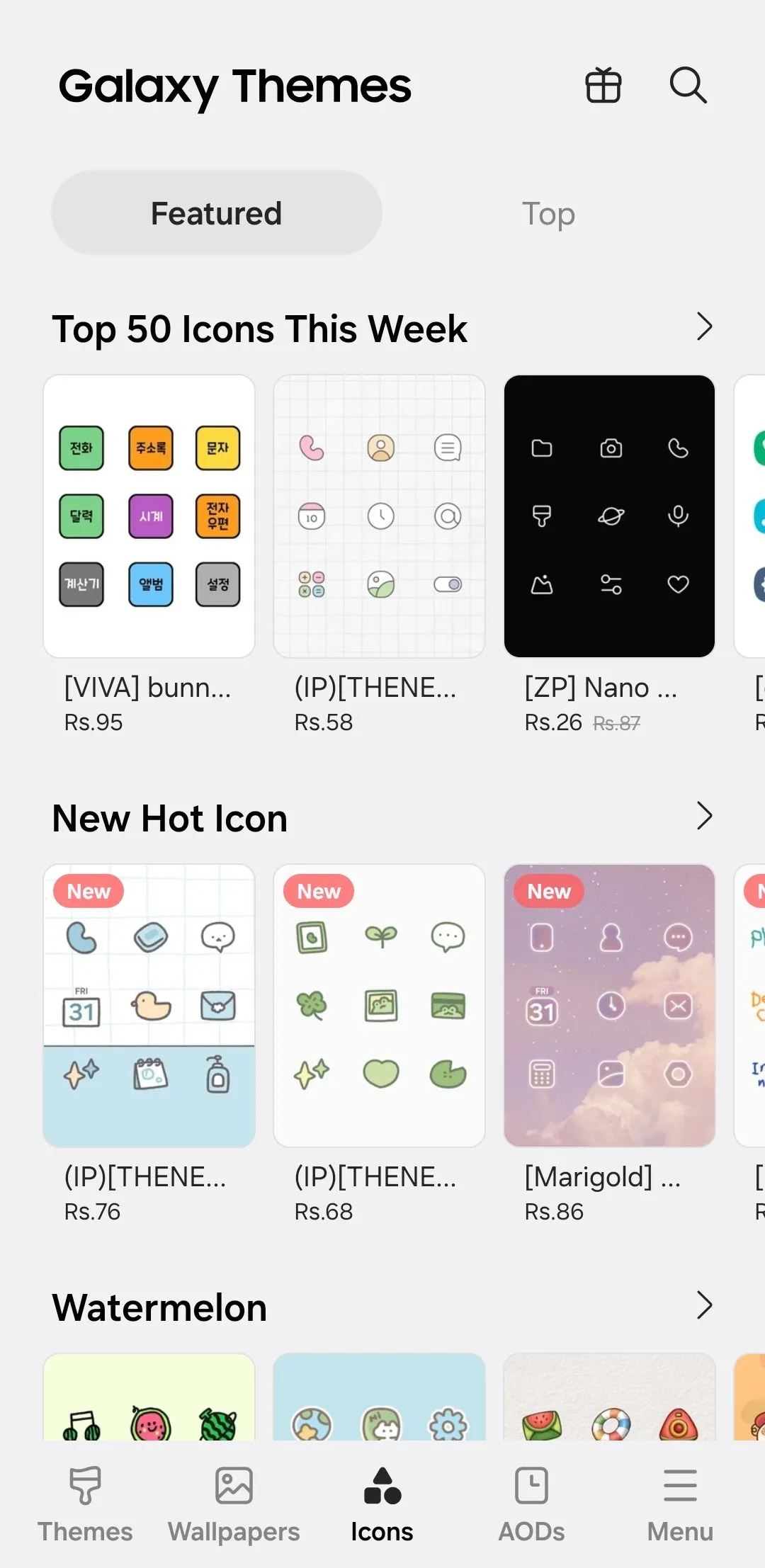 Các gói biểu tượng ứng dụng (icon packs) có sẵn trong cửa hàng Galaxy Themes của Samsung