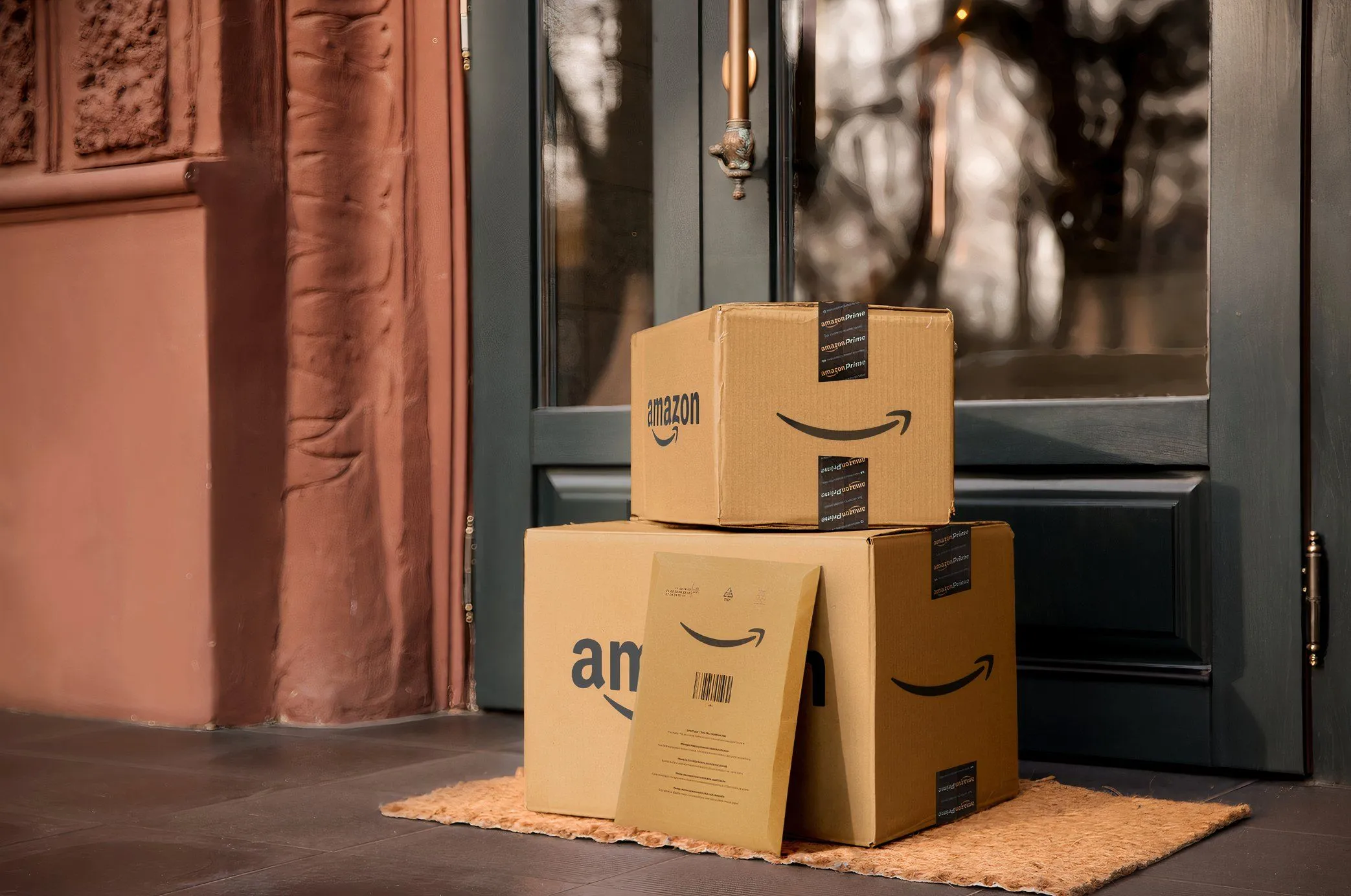 Các gói hàng Amazon được đặt trước cửa nhà, minh họa cho dịch vụ giao hàng trực tuyến và rủi ro lừa đảo giao hàng.