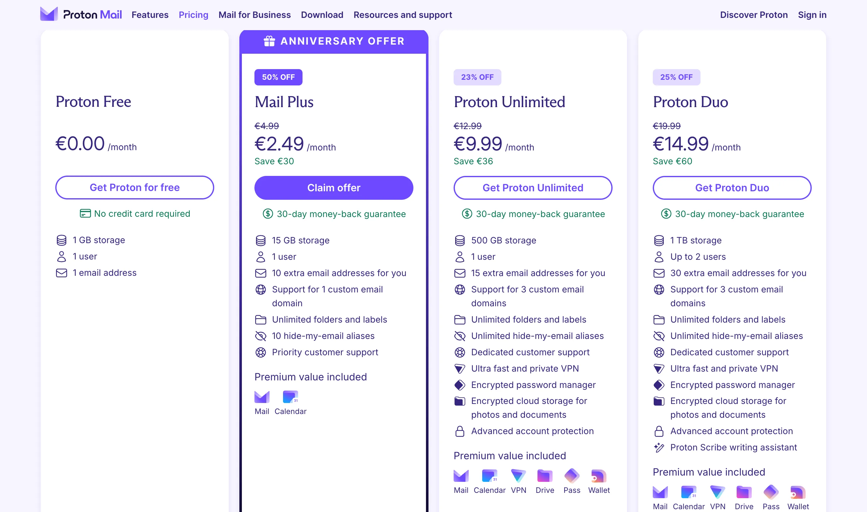 Các gói ProtonMail với nhiều tiện ích bao gồm Proton VPN