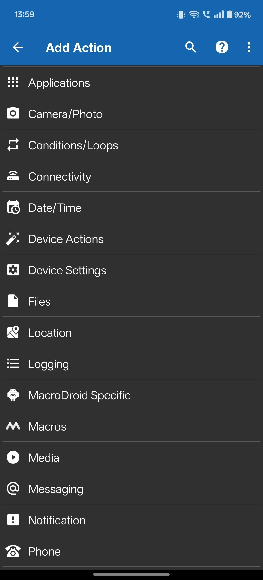 Các hành động khả dụng trong MacroDroid, bao gồm tùy chọn &quot;Notification&quot;.