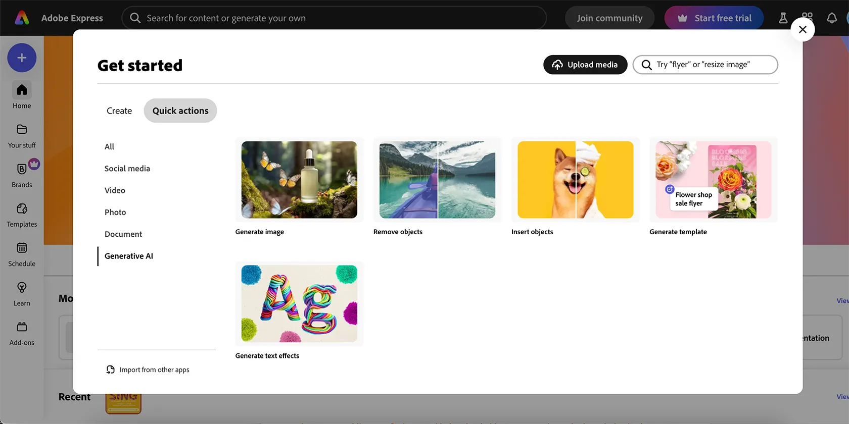 Các hành động nhanh của AI trong Adobe Express, bao gồm tạo ảnh, xóa vật thể và tạo hiệu ứng văn bản bằng Adobe Firefly
