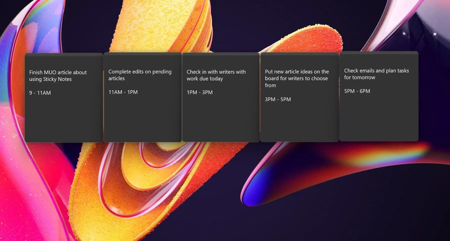 Các khối thời gian được sắp xếp trực quan bằng Sticky Notes trên màn hình desktop Windows