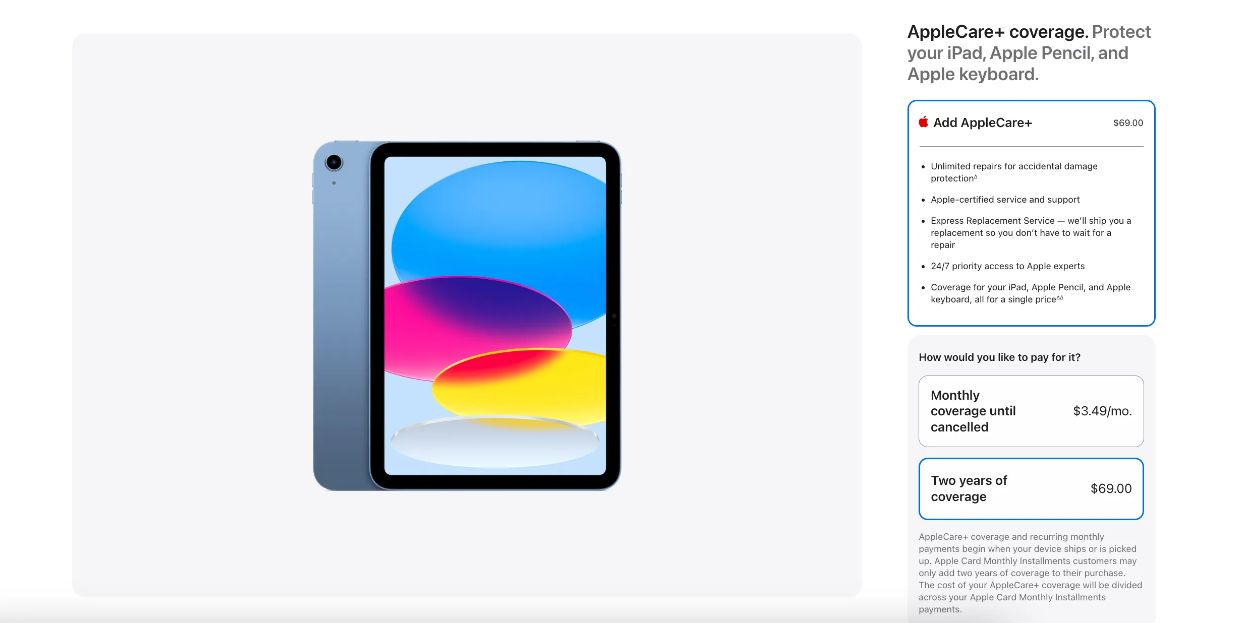 Các lựa chọn bảo vệ AppleCare+ cho iPad trên website Apple, bao gồm gói trả trước và đăng ký hàng tháng