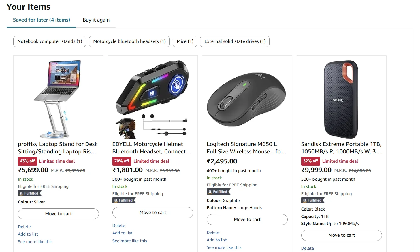 Các mặt hàng được lưu để mua sau trong giỏ hàng Amazon của người dùng