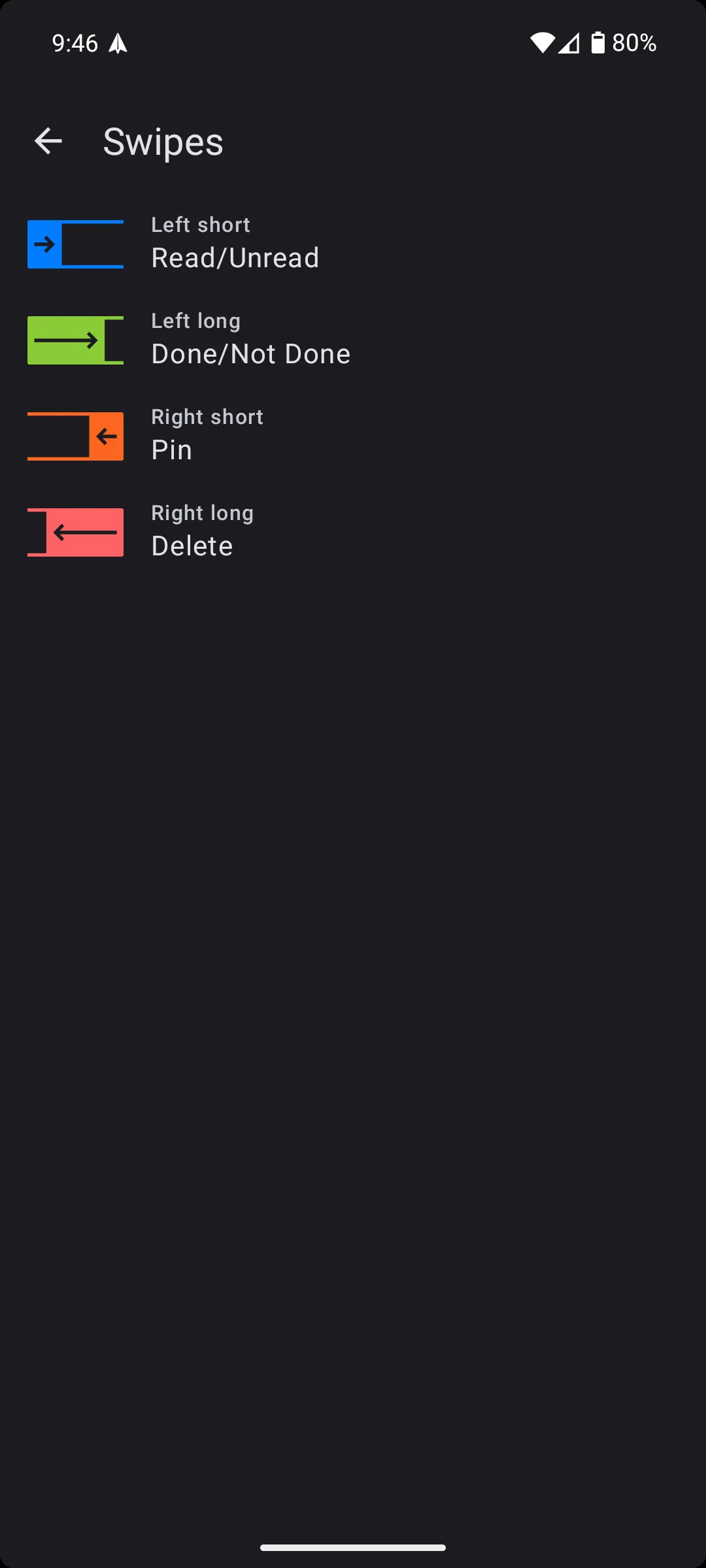 Các thao tác vuốt tùy chỉnh trên email trong ứng dụng Spark Mail Android để đánh dấu đã đọc/chưa đọc hoặc ghim/xóa