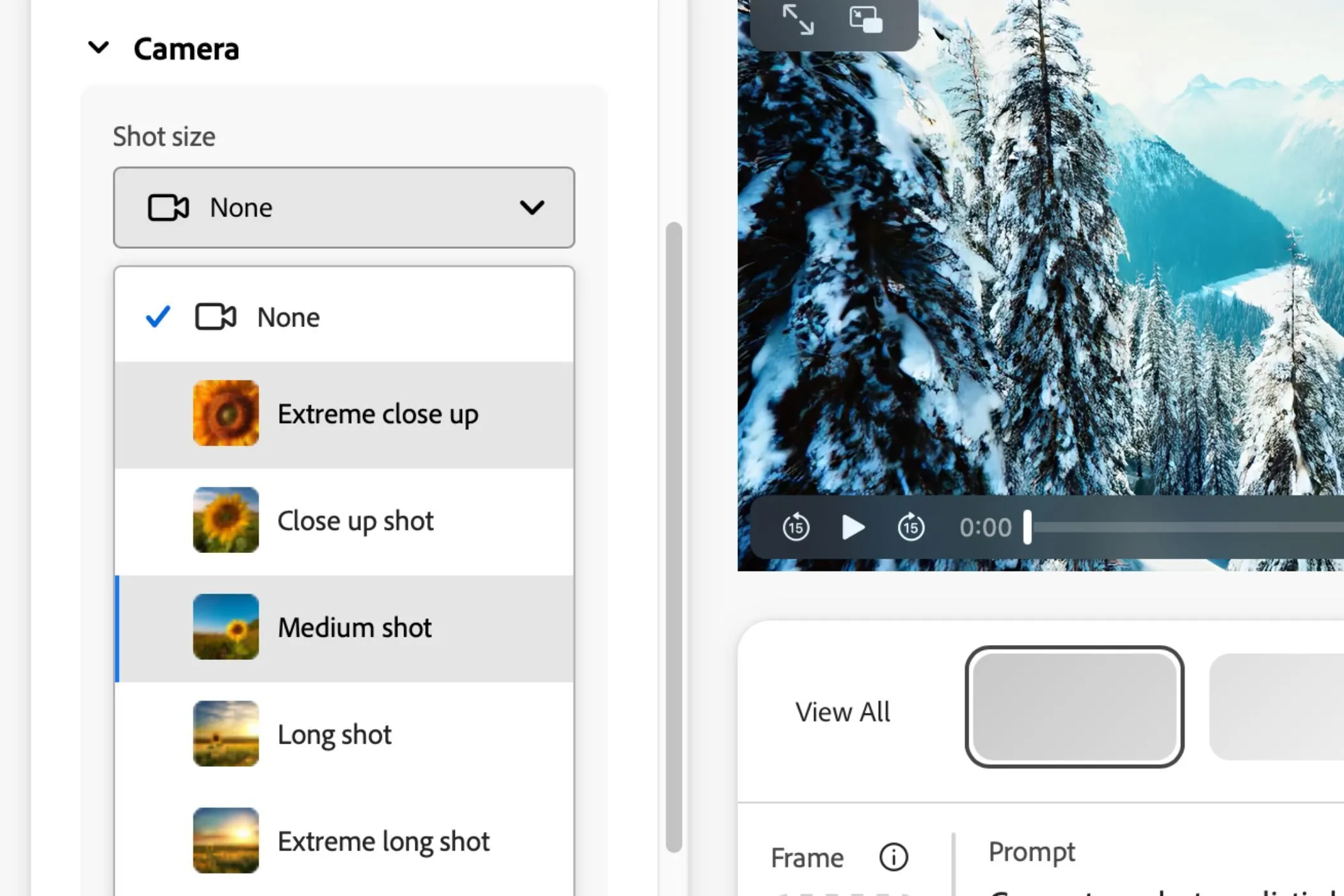 Các tính năng chỉnh sửa video đa dạng trong Adobe Firefly, bao gồm tùy chỉnh góc máy và chuyển động.