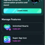 Các tính năng nổi bật của Super Duolingo: học không giới hạn, không quảng cáo, thử thách huyền thoại miễn phí và biểu tượng ứng dụng độc quyền.