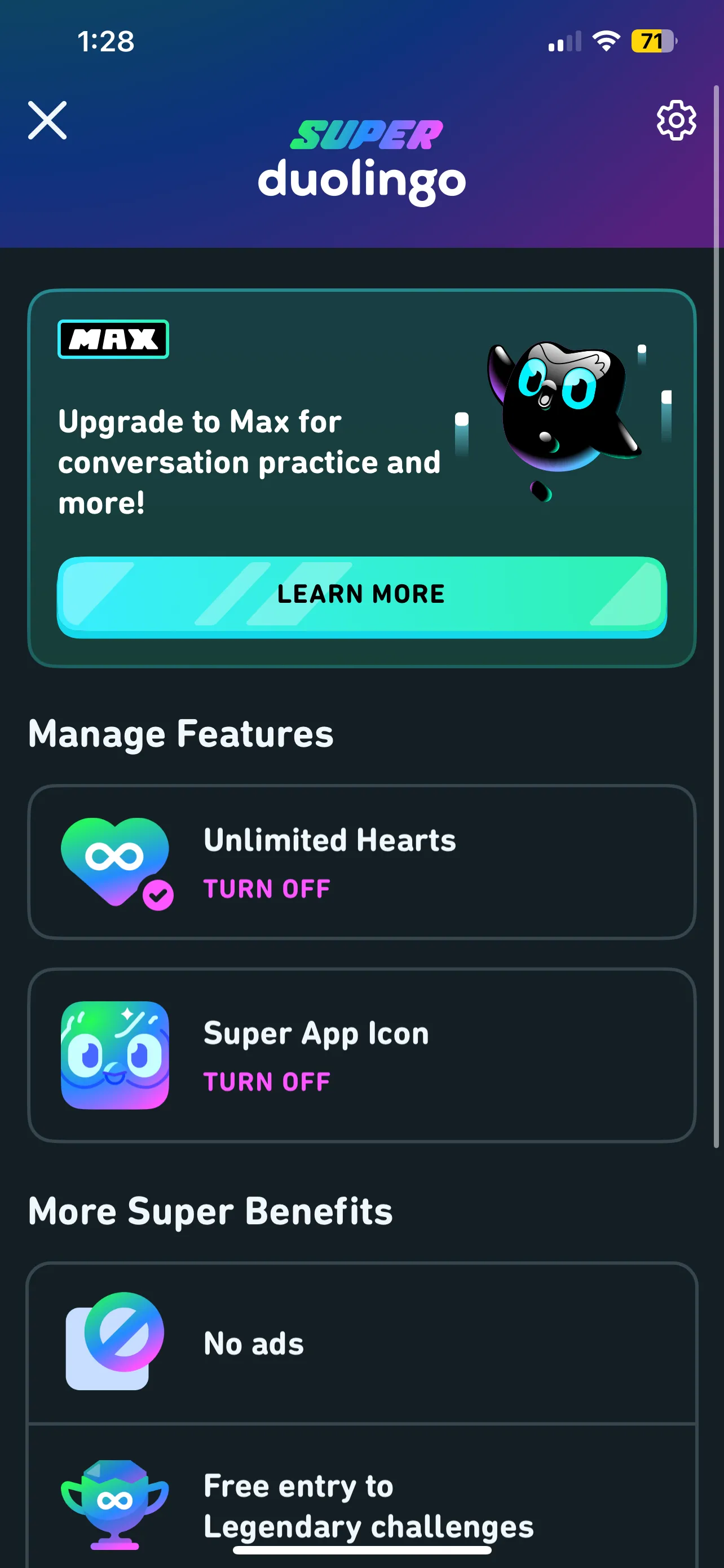 Các tính năng nổi bật của Super Duolingo: học không giới hạn, không quảng cáo, thử thách huyền thoại miễn phí và biểu tượng ứng dụng độc quyền.
