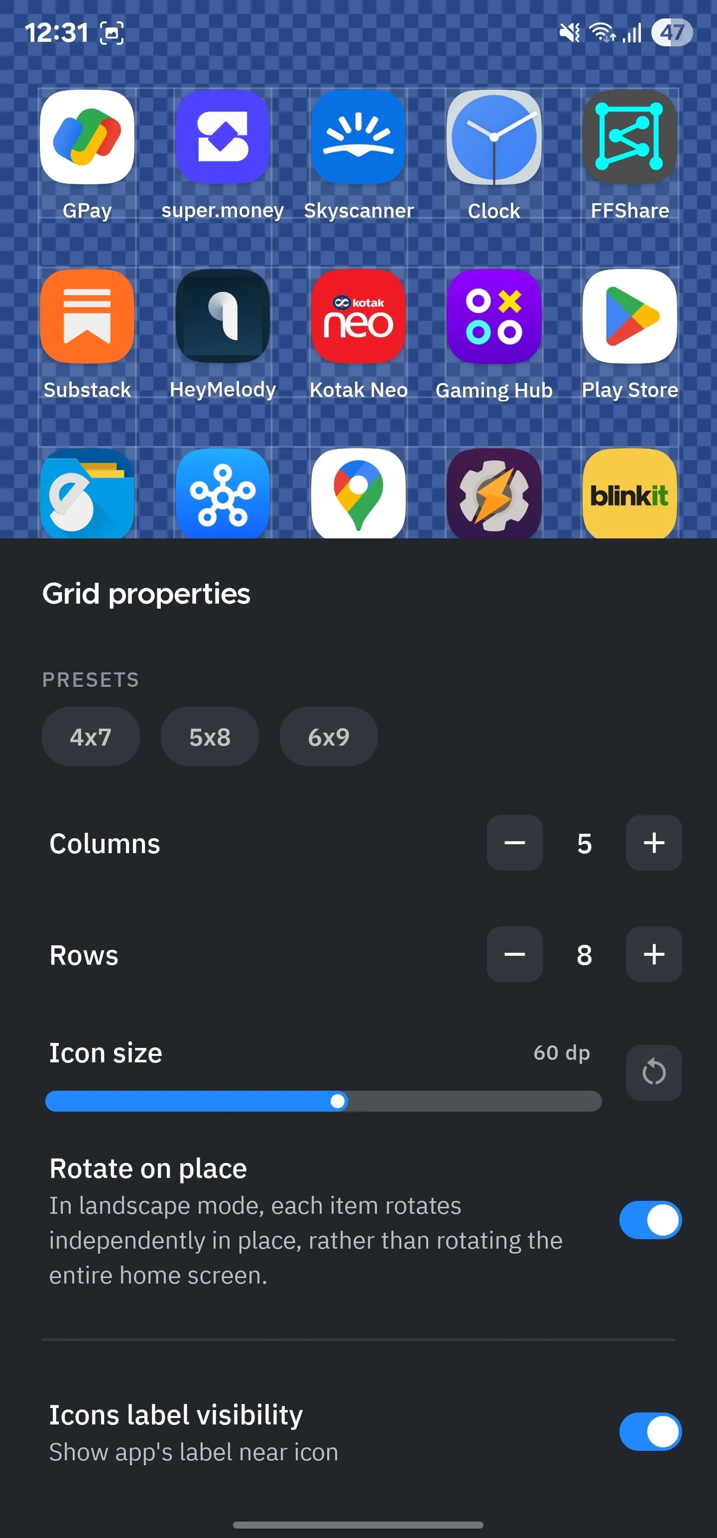 Các tùy chọn bố cục lưới màn hình chính trong Smart Launcher.
