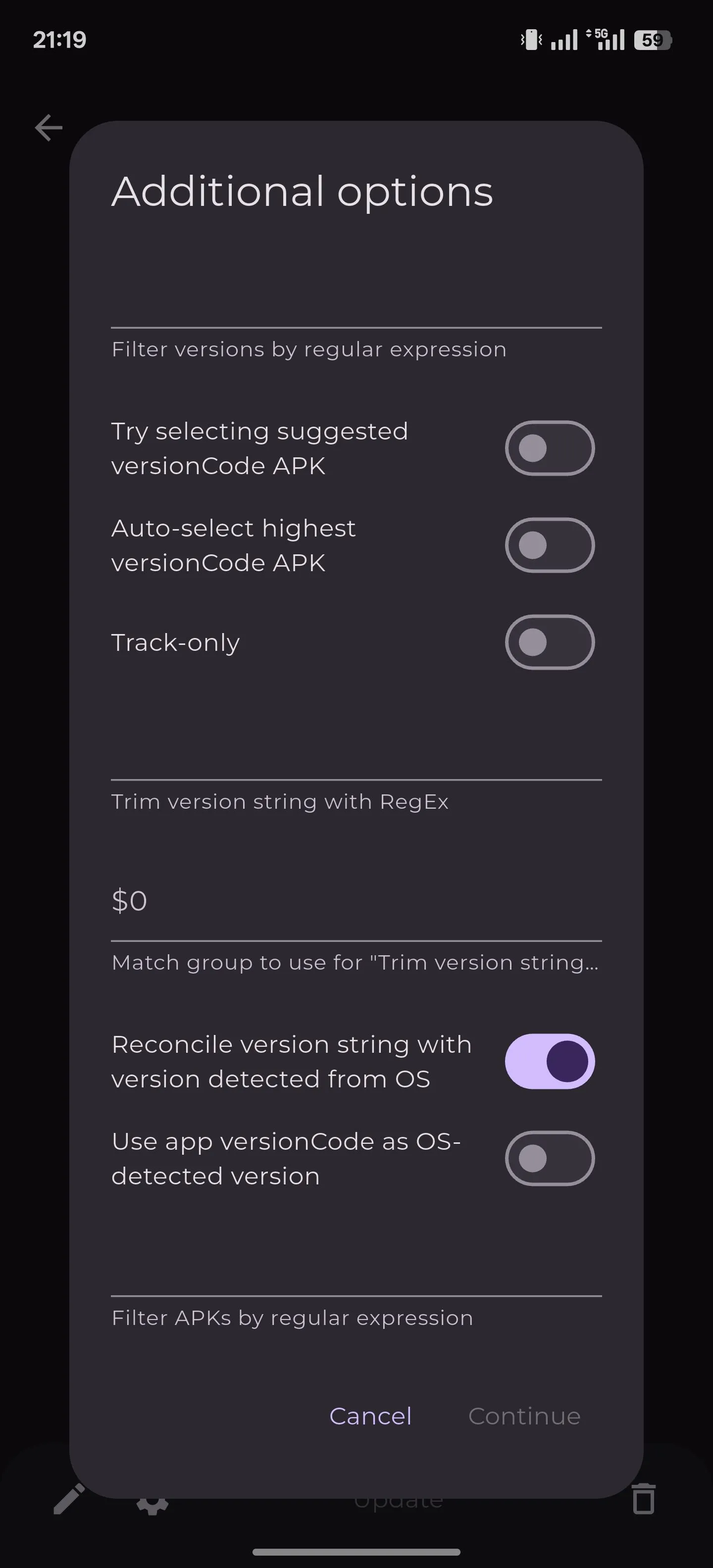 Các tùy chọn bổ sung cho một nguồn ứng dụng cụ thể trong Obtainium trên Android.