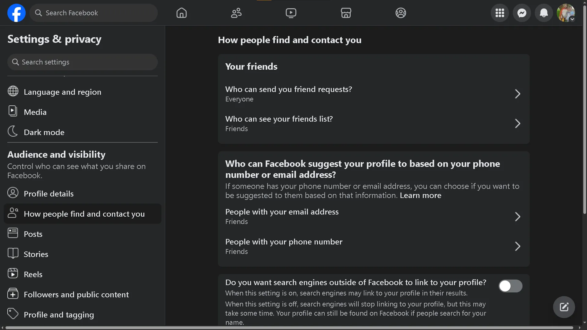 Các tùy chọn cài đặt quyền riêng tư trên Facebook về cách mọi người có thể tìm và liên hệ với bạn, bao gồm lời mời kết bạn và khả năng hiển thị hồ sơ.