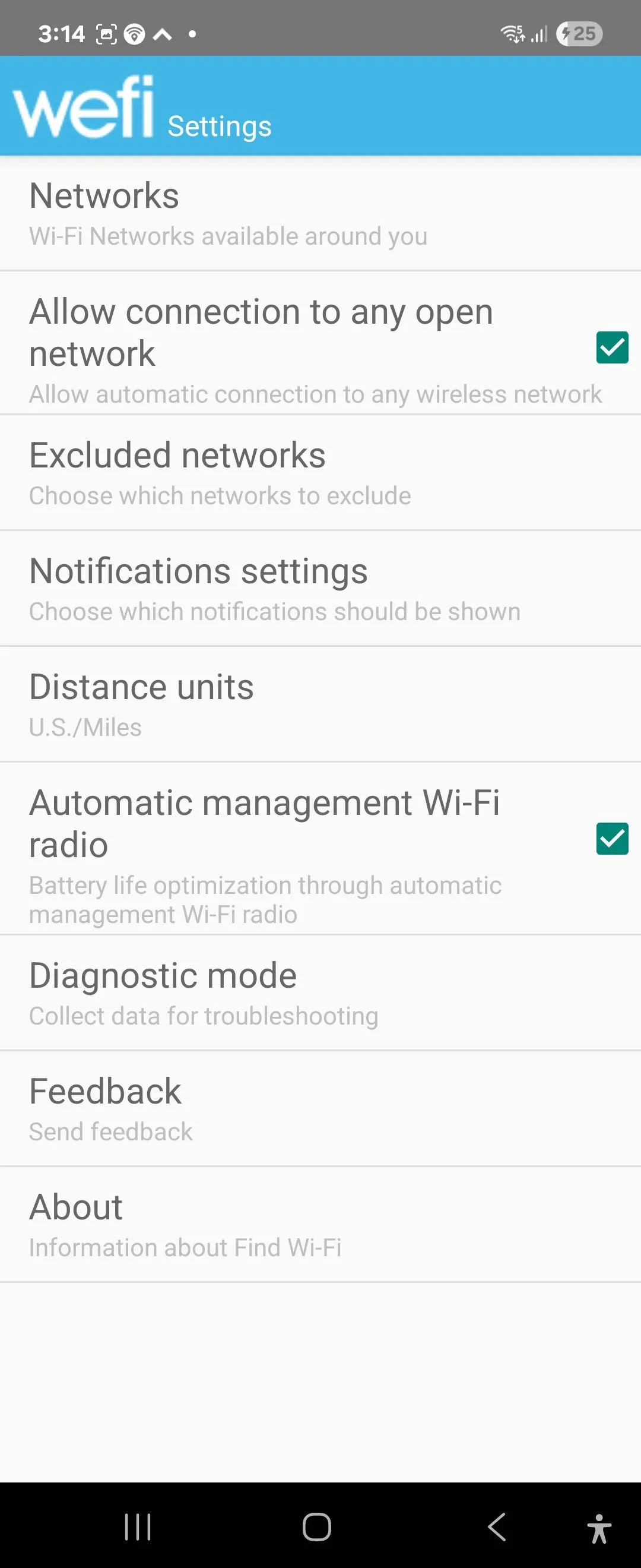 Các tùy chọn cài đặt trong ứng dụng WeFi trên Android, bao gồm quản lý Wi-Fi và kiểm tra tốc độ
