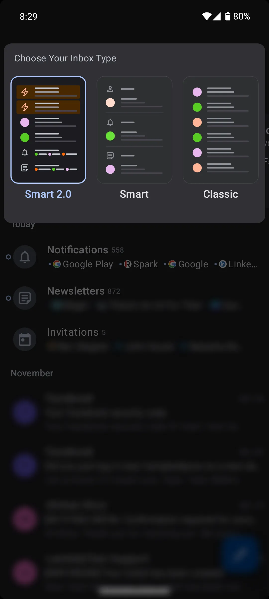 Các tùy chọn chế độ xem hộp thư đến trong ứng dụng Spark Mail Android, bao gồm Classic, Smart và Smart 2.0