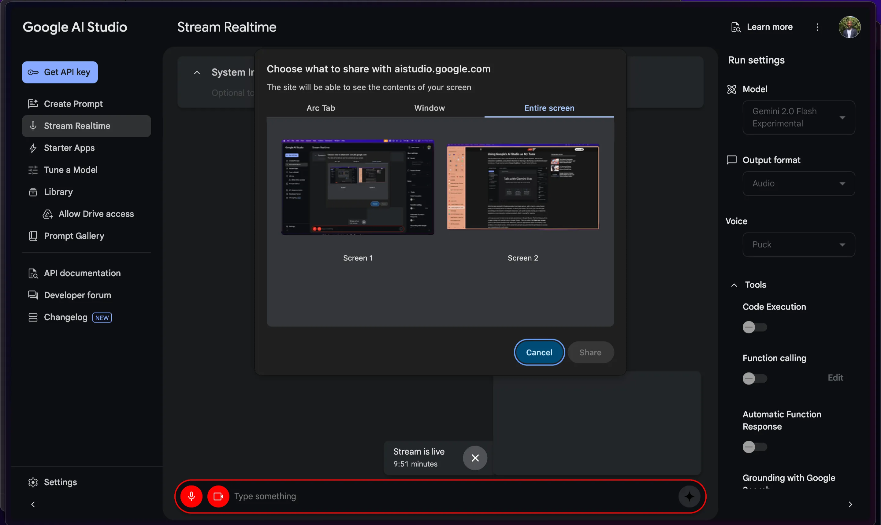 Các tùy chọn chia sẻ màn hình trong tính năng Stream Realtime của Google AI Studio, bao gồm chia sẻ tab, cửa sổ hoặc toàn bộ màn hình.