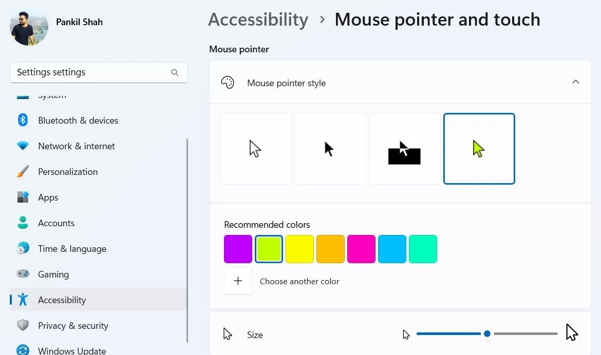 Các tùy chọn con trỏ chuột trong ứng dụng Cài đặt của Windows 11