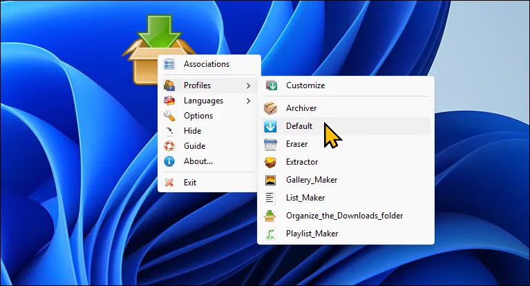 Các tùy chọn của công cụ DropIt hiển thị dưới dạng icon nổi trên màn hình Windows 11