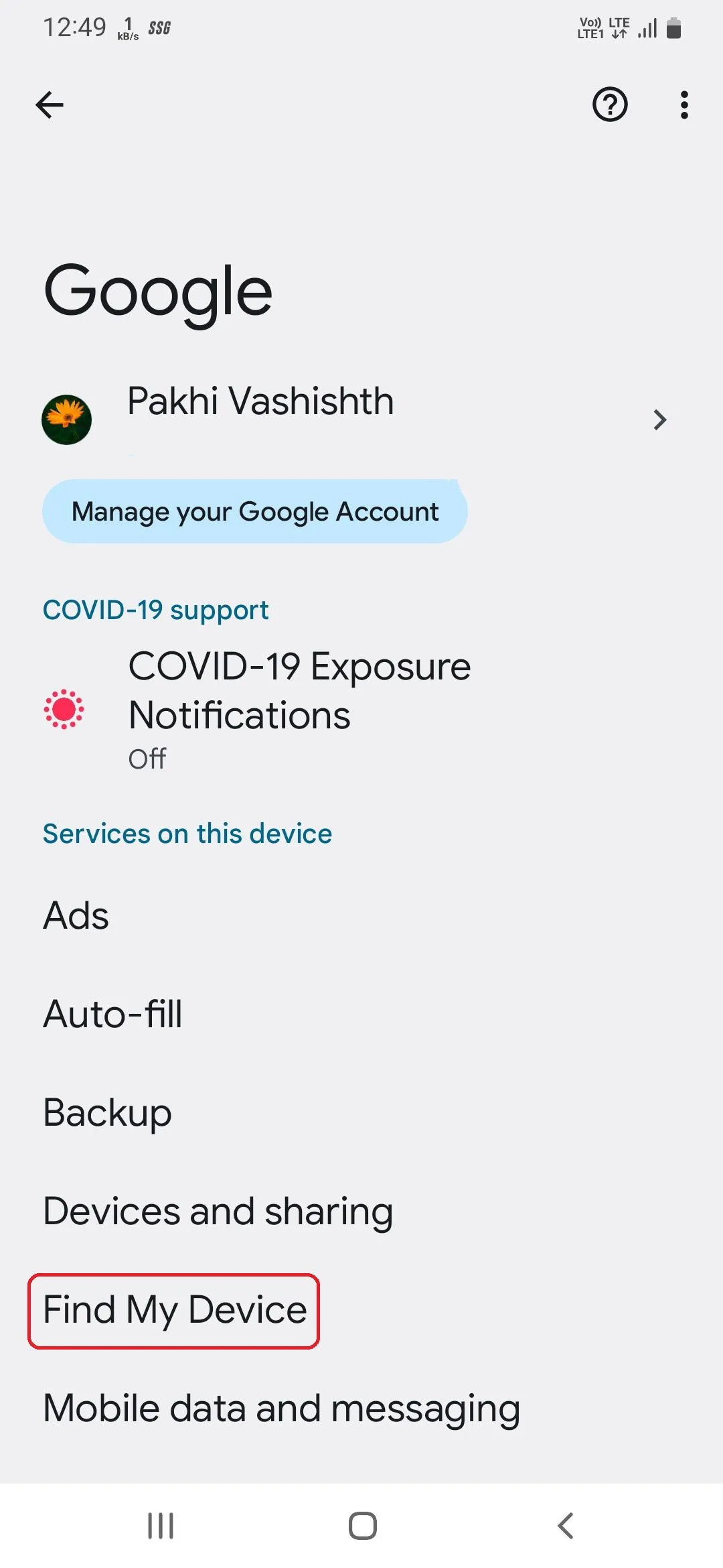 Các tùy chọn của Tìm thiết bị của tôi trong cài đặt Google trên Samsung