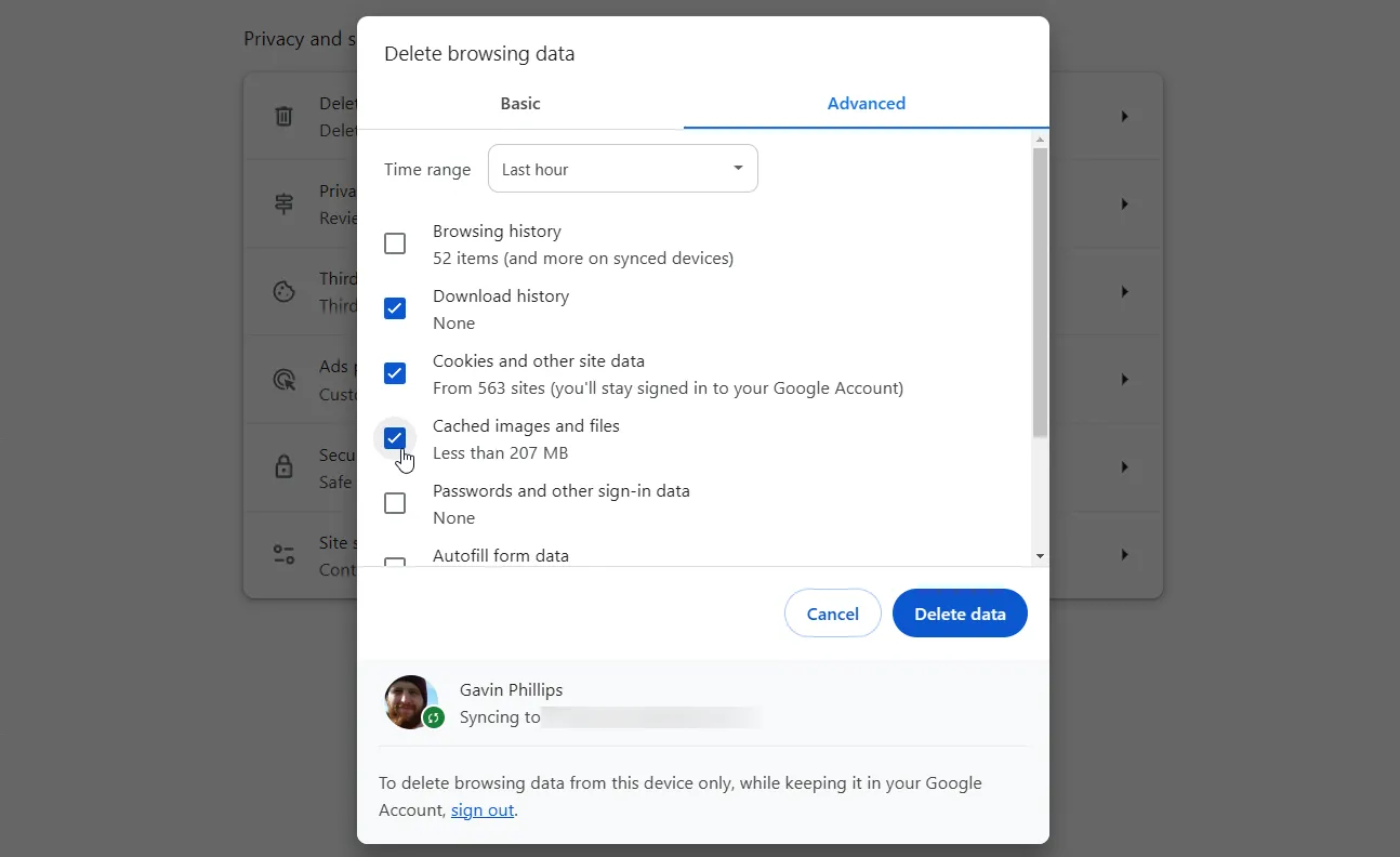 Các tùy chọn để xóa bộ nhớ đệm và dữ liệu duyệt web trên Google Chrome