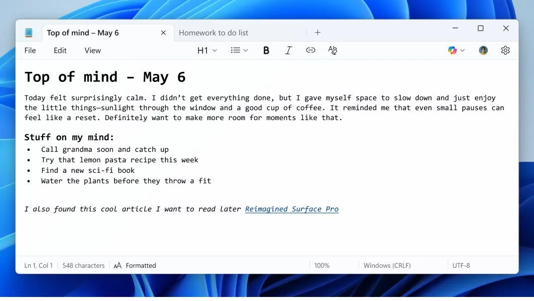 Các tùy chọn định dạng văn bản mới trong Notepad như tiêu đề, in đậm, in nghiêng và hỗ trợ Markdown, nâng cao khả năng ghi chú và soạn thảo