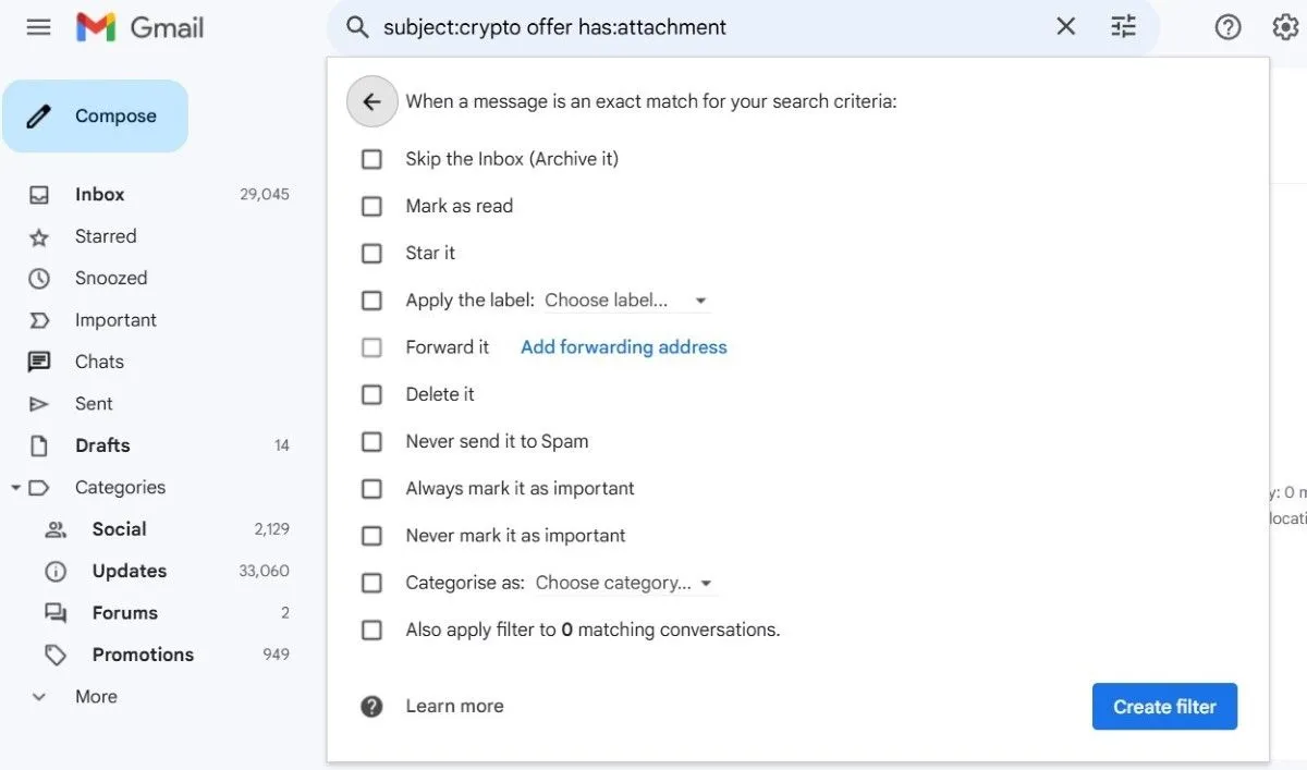 Các tùy chọn hành động sau khi tạo bộ lọc trong Gmail