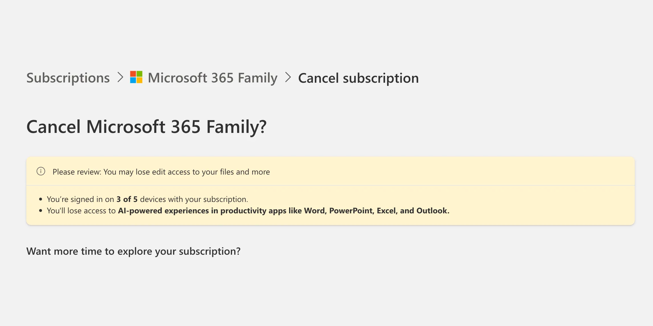 Các tùy chọn hủy đăng ký Microsoft 365, bao gồm lựa chọn quay về các gói Classic không tích hợp AI.