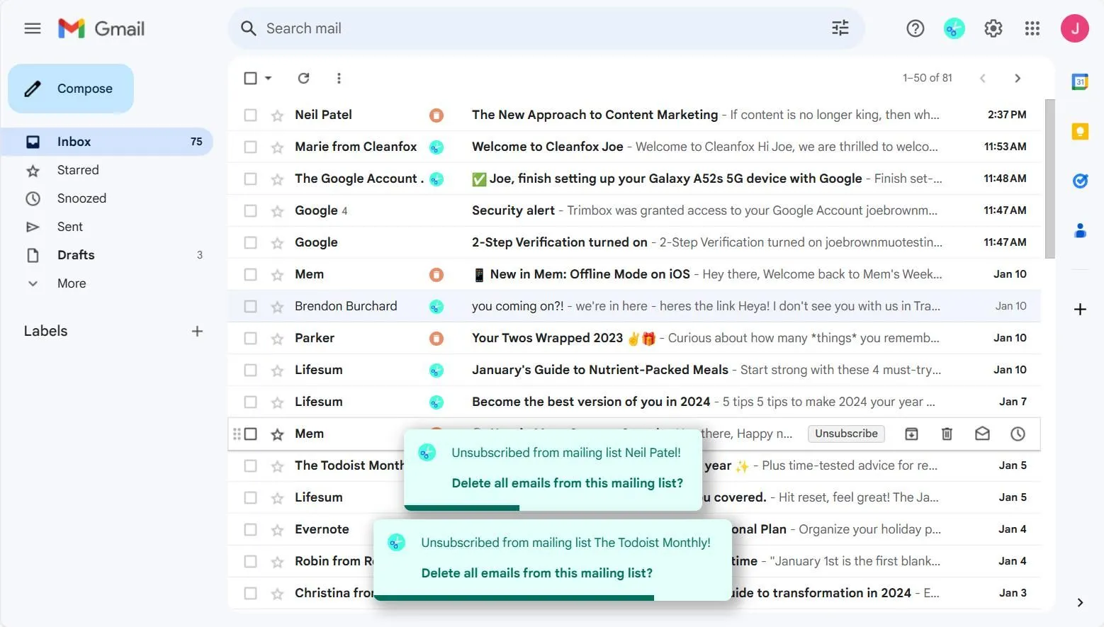 Các tùy chọn hủy đăng ký và xóa email trong hộp thư đến Gmail, thể hiện giao diện gọn gàng